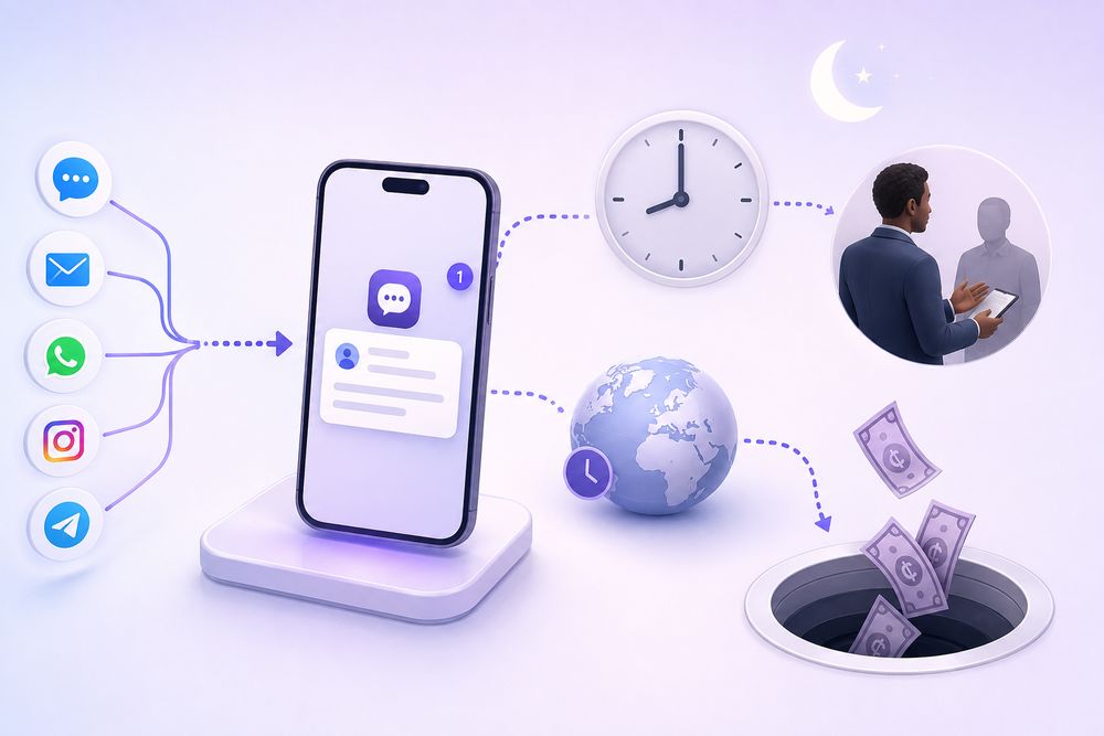 A 3D diagram in Ampa's indigo palette: web chat, email, WhatsApp, Instagram and Telegram icons converge into one phone showing a single live conversation that continues at any hour and across timezones.