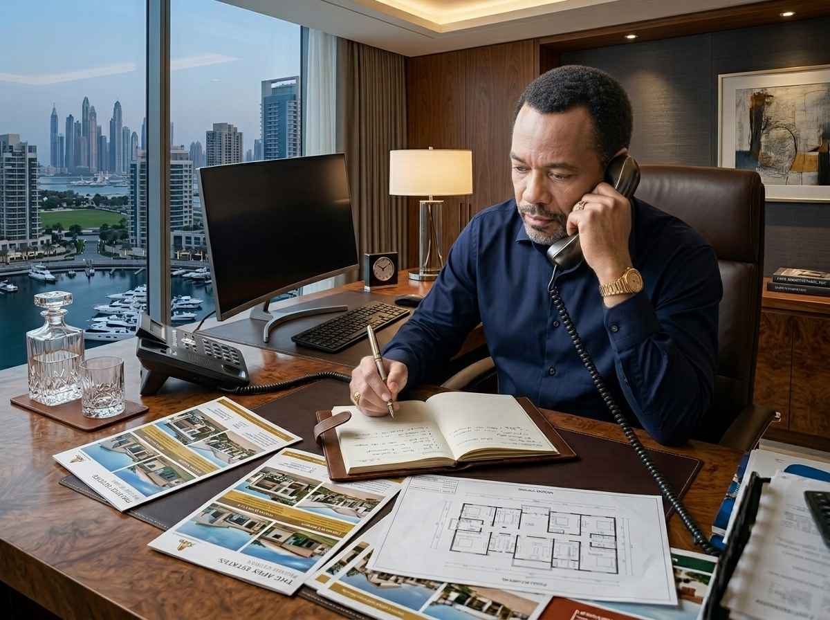 An estate agent at his desk in a property office, phone to his ear, pen paused over an open notebook.