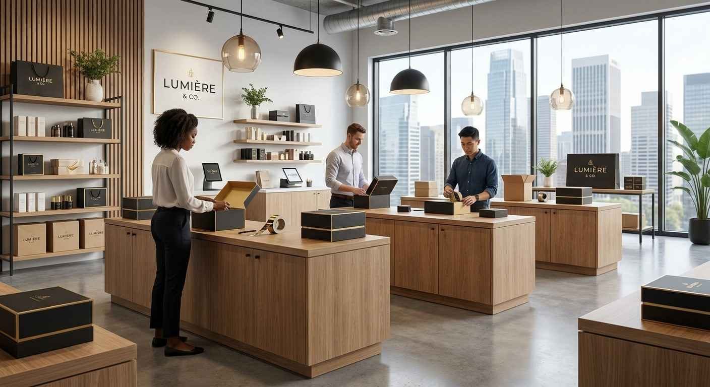 Three people pack online orders into branded boxes at benches in a bright fulfilment studio.