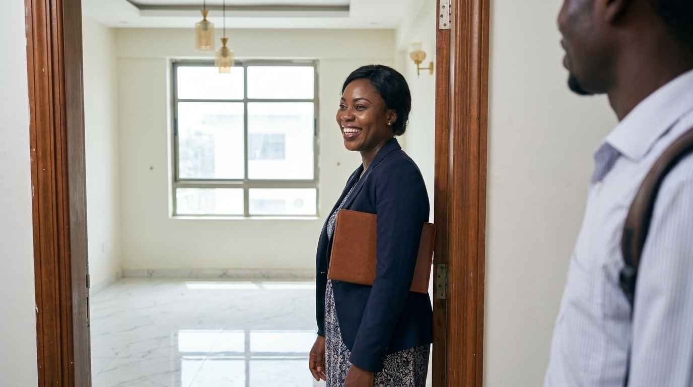 An estate agent stands in the doorway of a bright empty apartment during a daytime viewing, talking to someone out of frame.