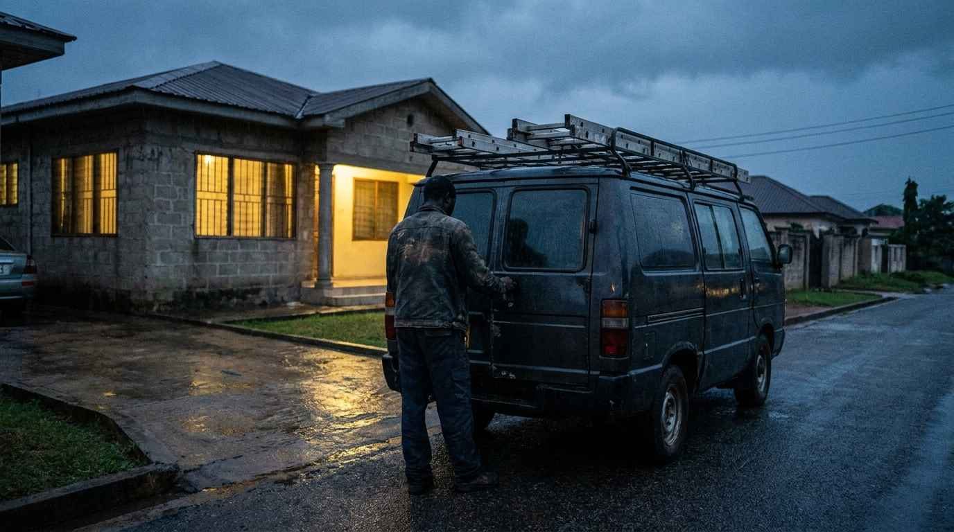 A tradesman closes the doors of his van on a residential driveway at dusk.