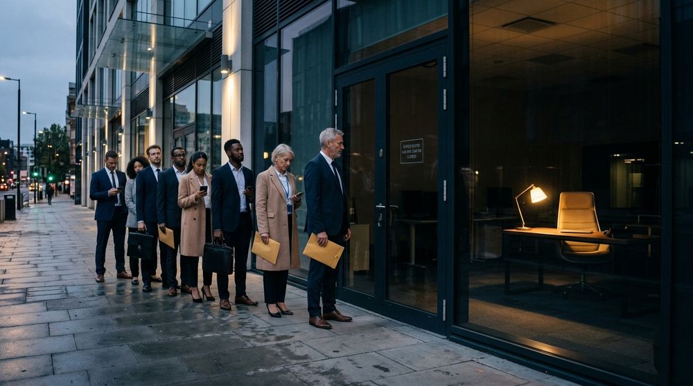 A line of business people waiting outside a closed, dimly lit office at dusk, each holding documents, while an unattended desk lamp glows through the window.