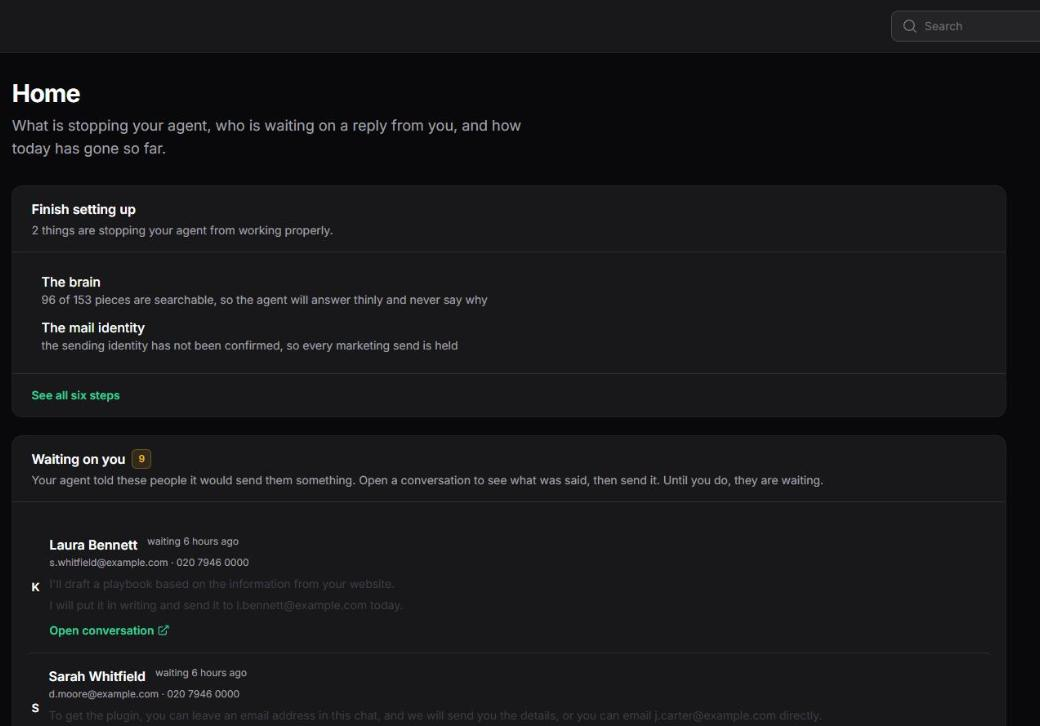 The console home page: what is stopping the agent, who is waiting on a reply, and today's numbers