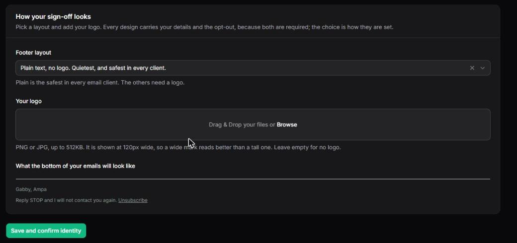 Choosing a footer layout, uploading a logo, and the live preview of what your emails will look like