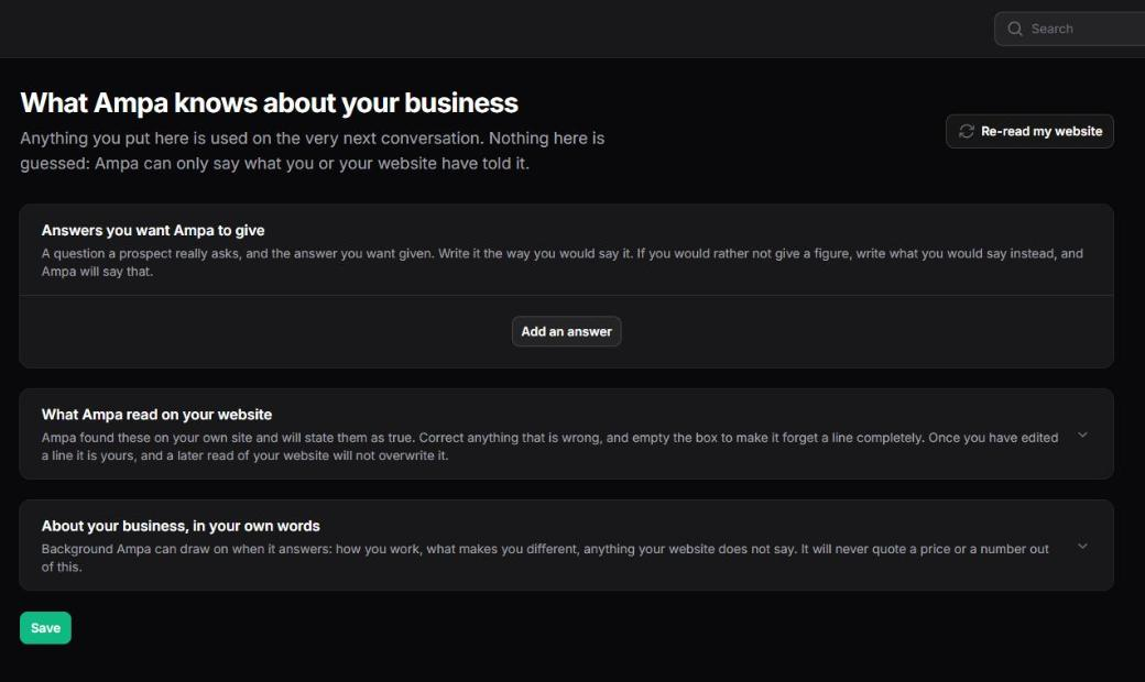 What Ampa knows: the answers you write, the facts read from your website, and the Re-read button