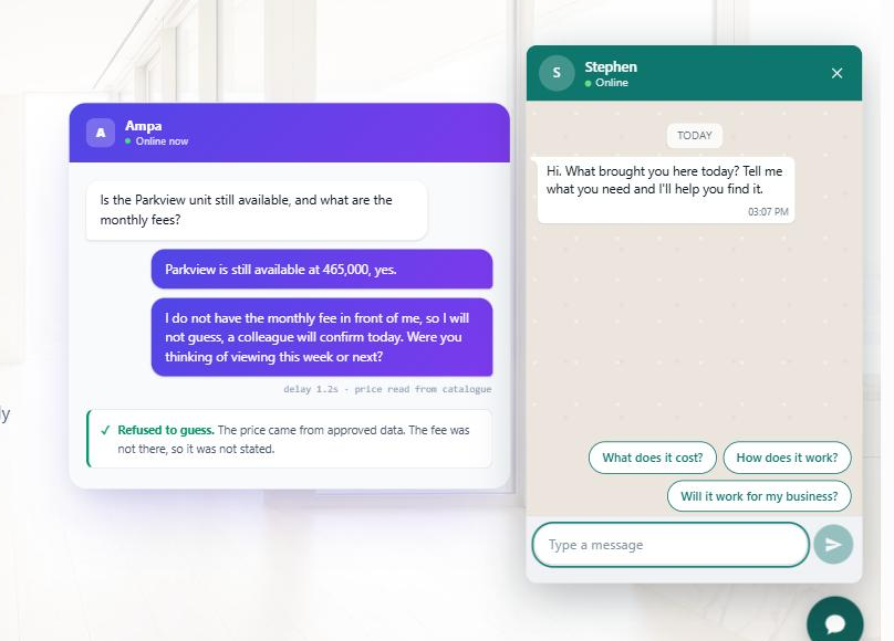 The Ampa widget open on a live website, greeting a visitor and offering the questions people actually ask